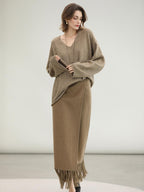 COCOBELLA Wool Blend Shell Embroidery Tassel Mid Rise Front Slit H Silhouette Office Skirts