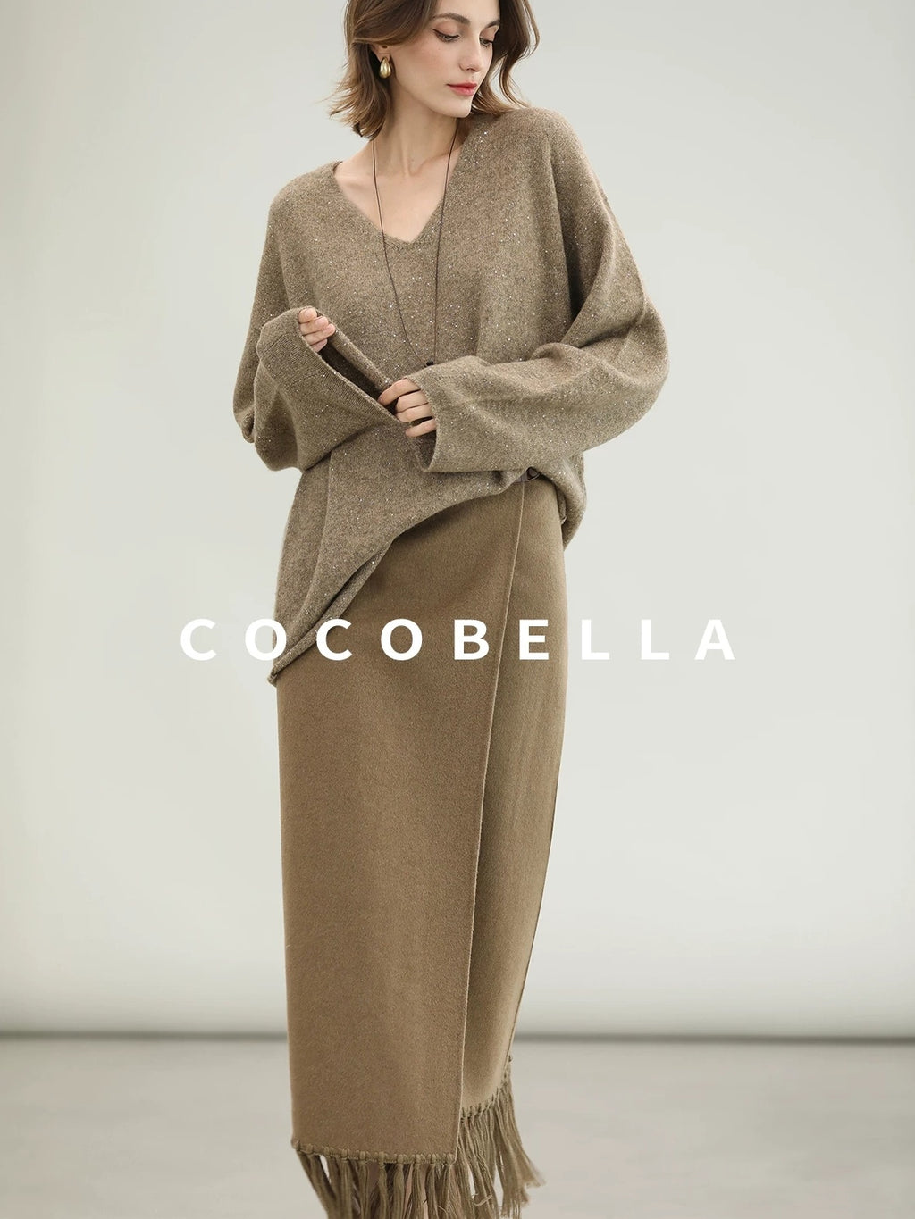 COCOBELLA Wool Blend Shell Embroidery Tassel Mid Rise Front Slit H Silhouette Office Skirts