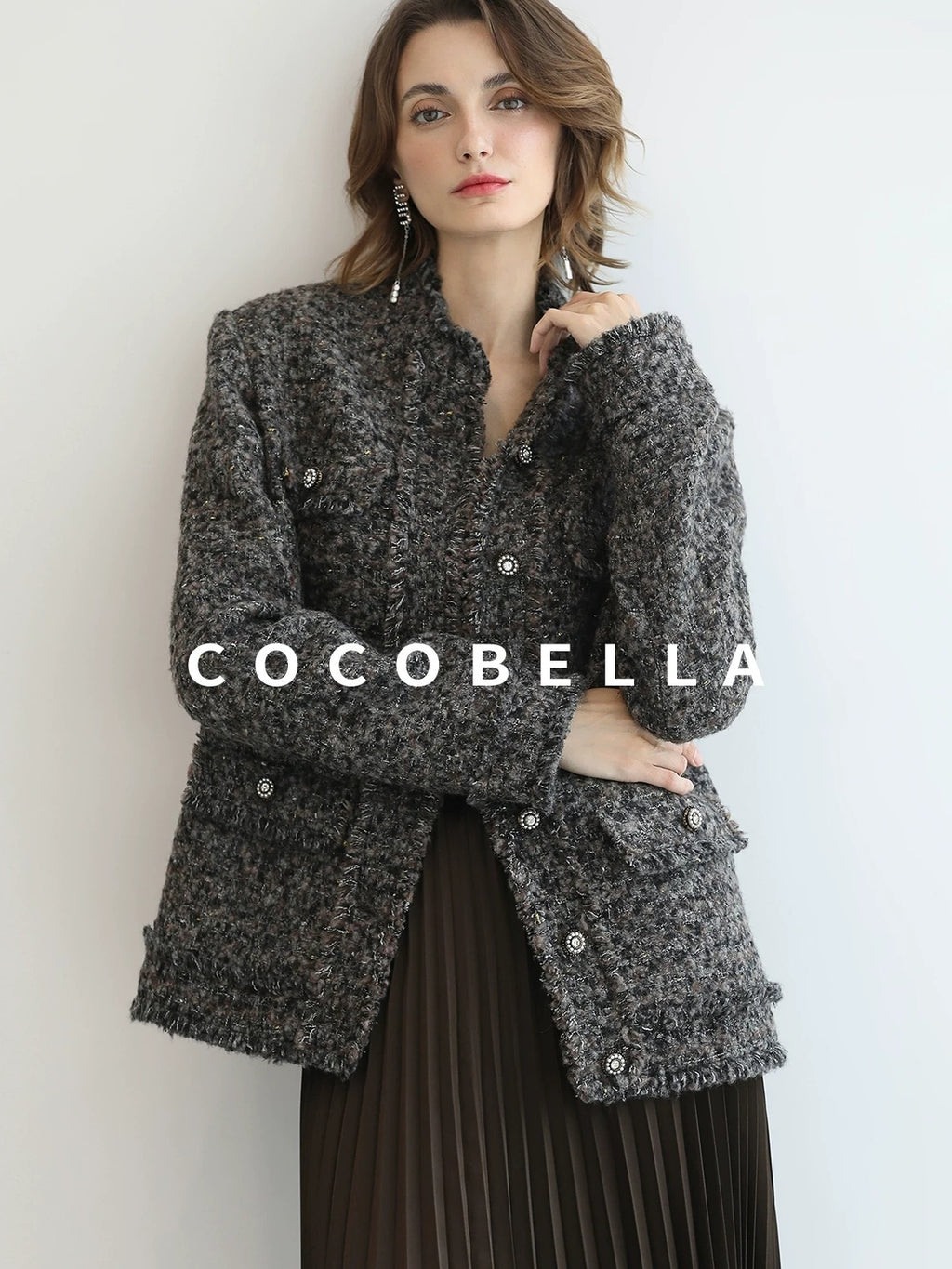 COCOBELLA Wool Blend Shine Straight Fit Stand Collar Single Button Office Workwear Jackets