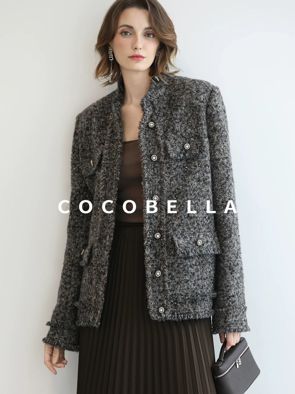COCOBELLA Wool Blend Shine Straight Fit Stand Collar Single Button Office Workwear Jackets