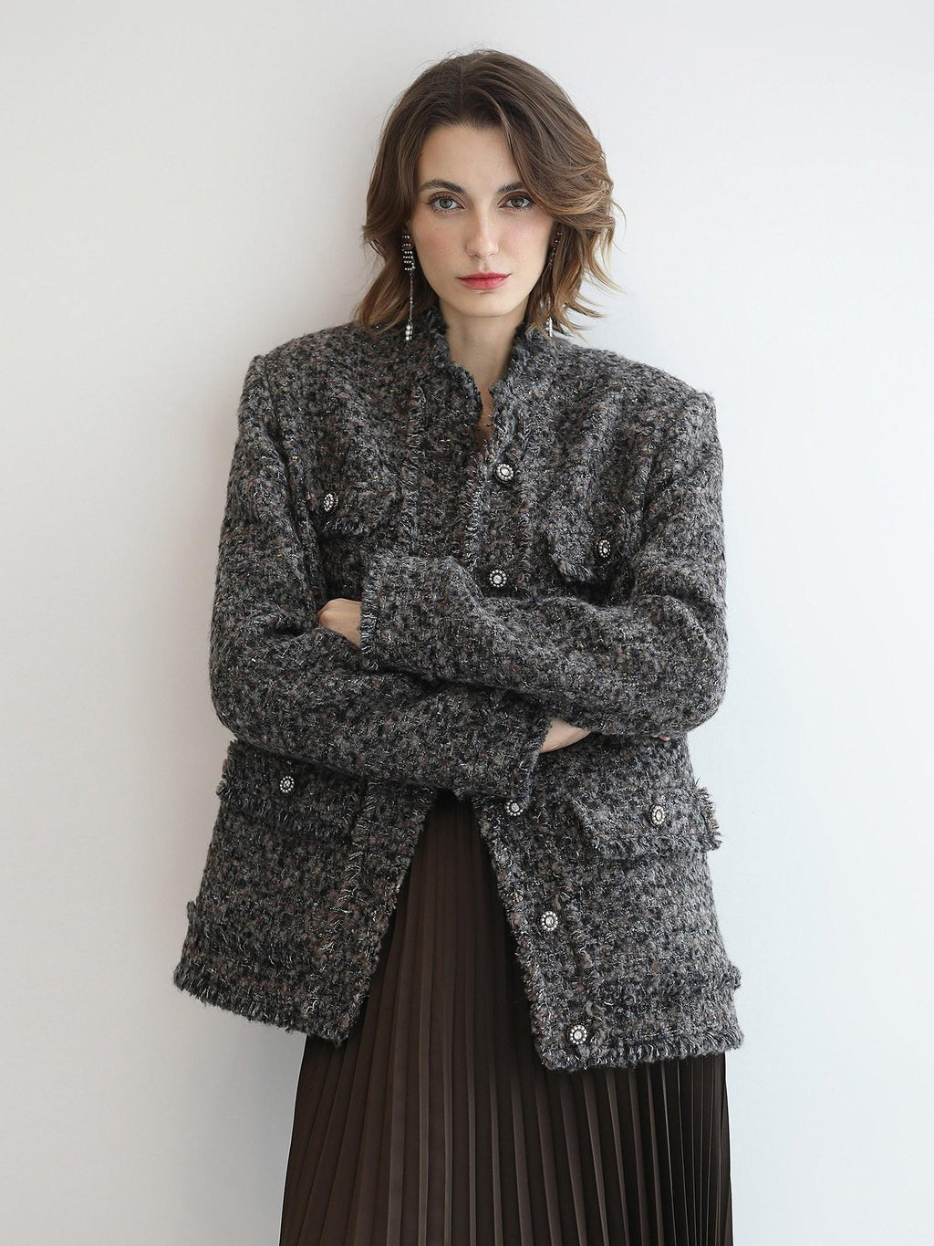 COCOBELLA Wool Blend Shine Straight Fit Stand Collar Single Button Office Workwear Jackets