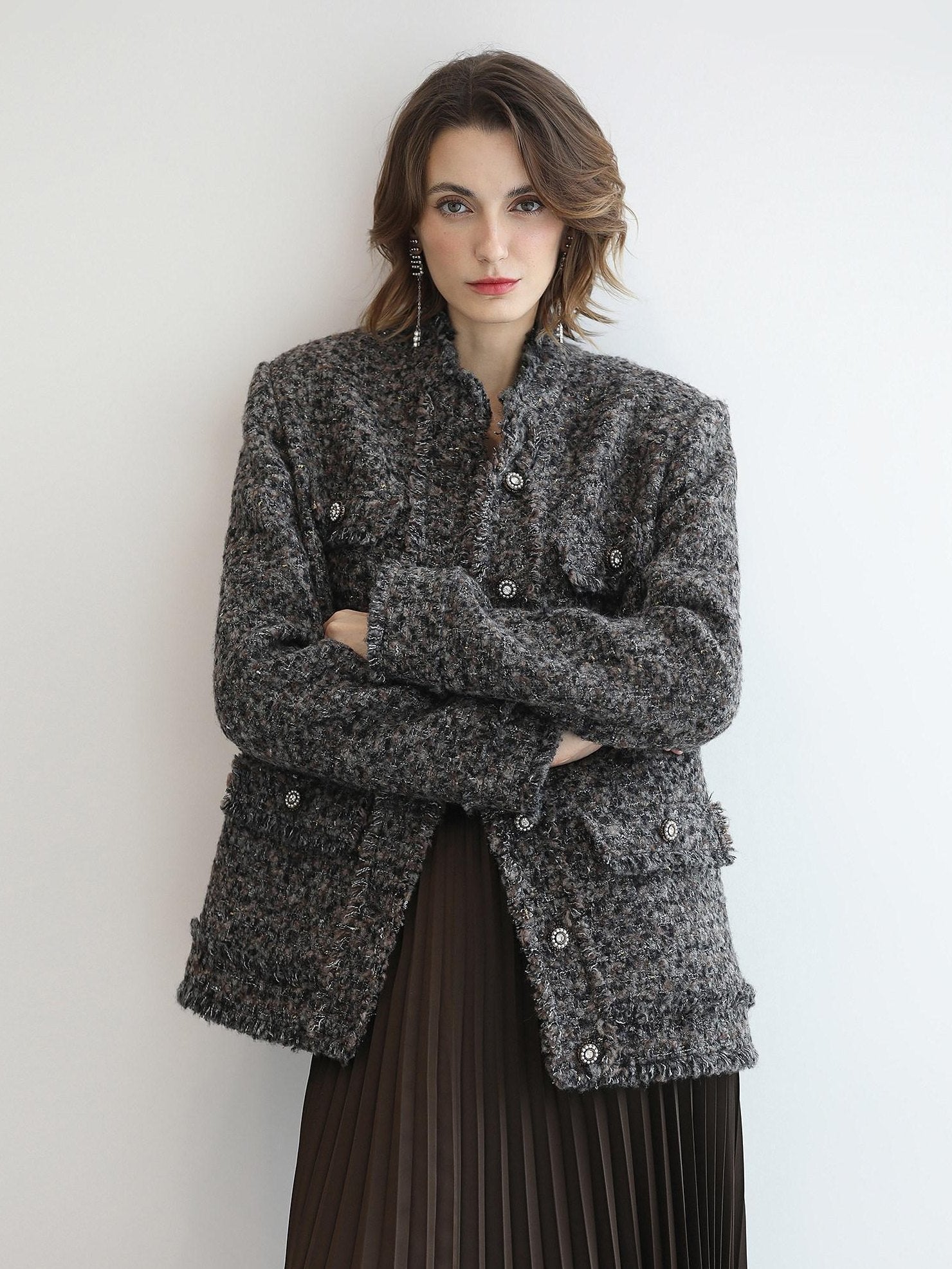 COCOBELLA Wool Blend Shine Straight Fit Stand Collar Single Button Office Workwear Jackets