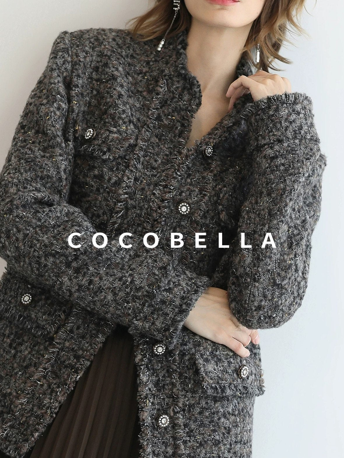 COCOBELLA Wool Blend Shine Straight Fit Stand Collar Single Button Office Workwear Jackets