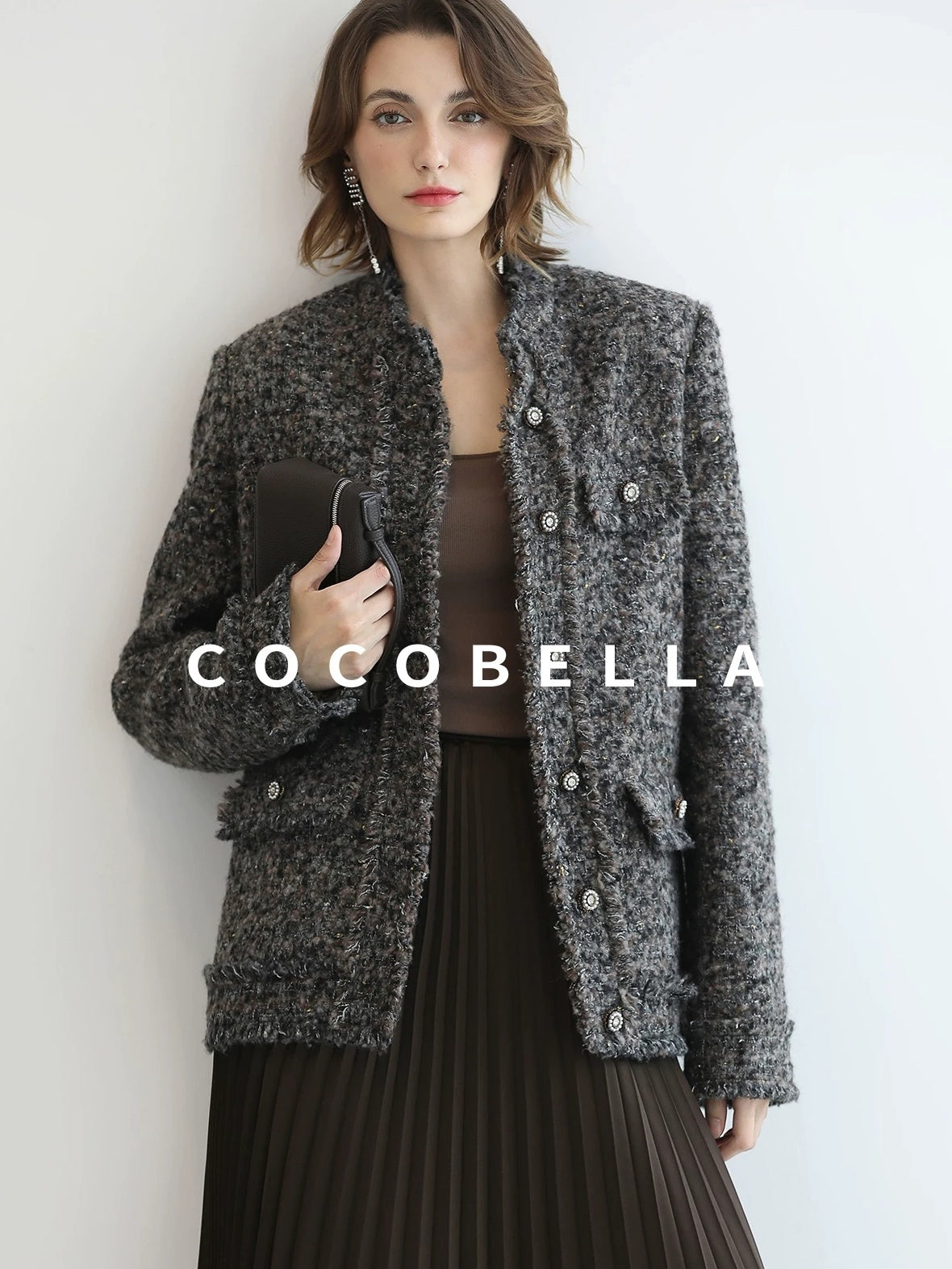 COCOBELLA Wool Blend Shine Straight Fit Stand Collar Single Button Office Workwear Jackets