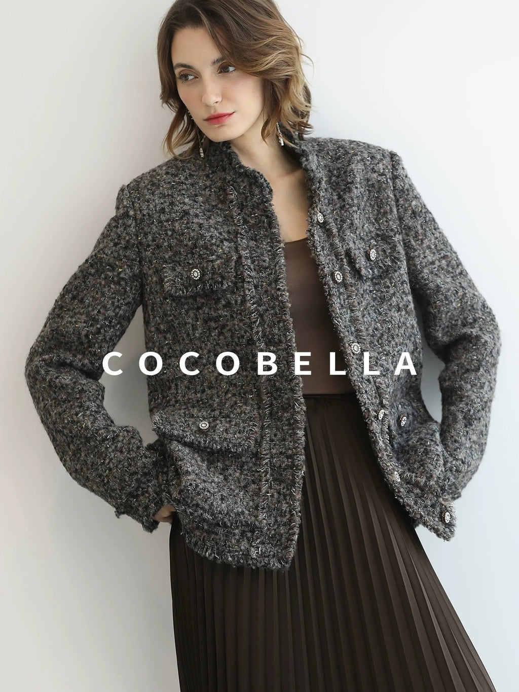 COCOBELLA Wool Blend Shine Straight Fit Stand Collar Single Button Office Workwear Jackets