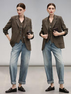 COCOBELLA Wool Blend Straight Fit Single Button Notch Lapel Women Office Brown Blazers