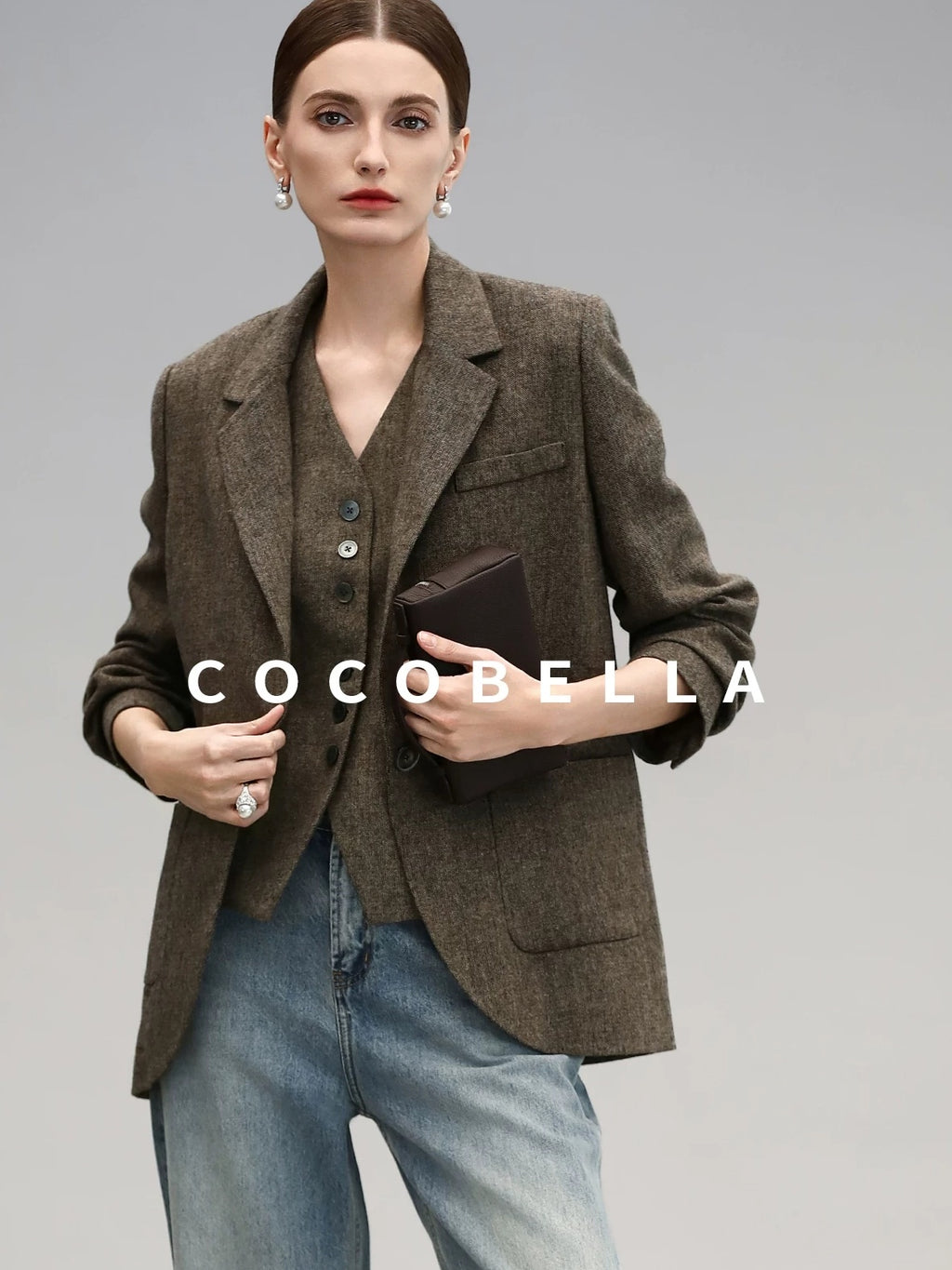 COCOBELLA Wool Blend Straight Fit Single Button Notch Lapel Women Office Brown Blazers