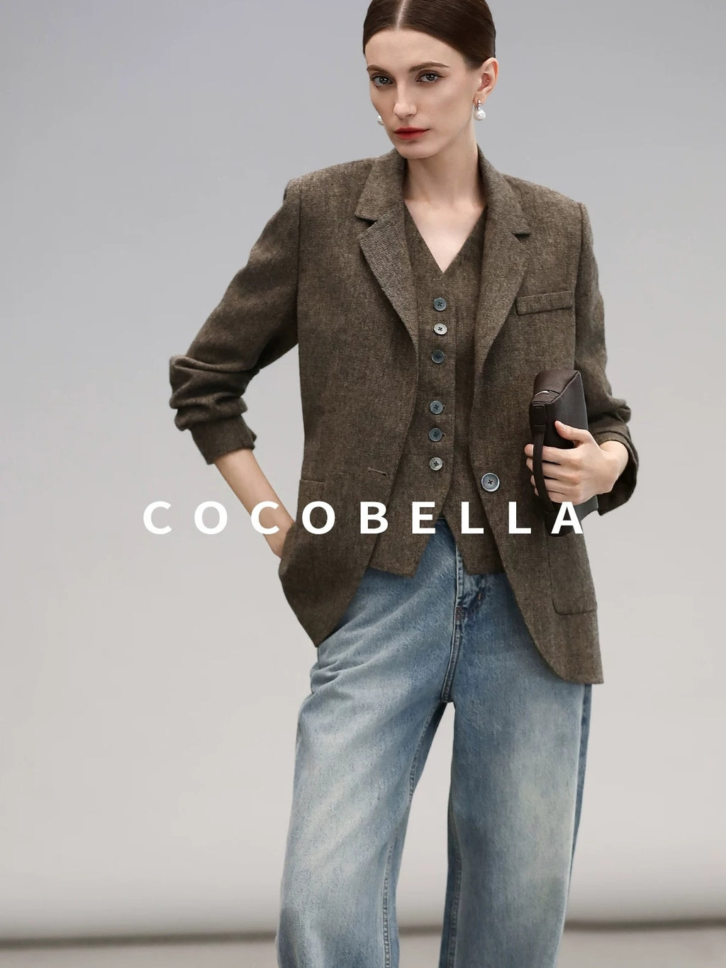 COCOBELLA Wool Blend Straight Fit Single Button Notch Lapel Women Office Brown Blazers