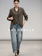 COCOBELLA Wool Blend Straight Fit Single Button Notch Lapel Women Office Brown Blazers