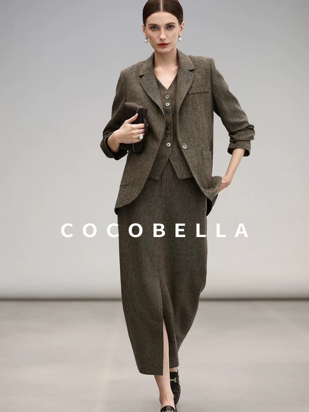 COCOBELLA Wool Blend Straight Fit Single Button Notch Lapel Women Office Brown Blazers