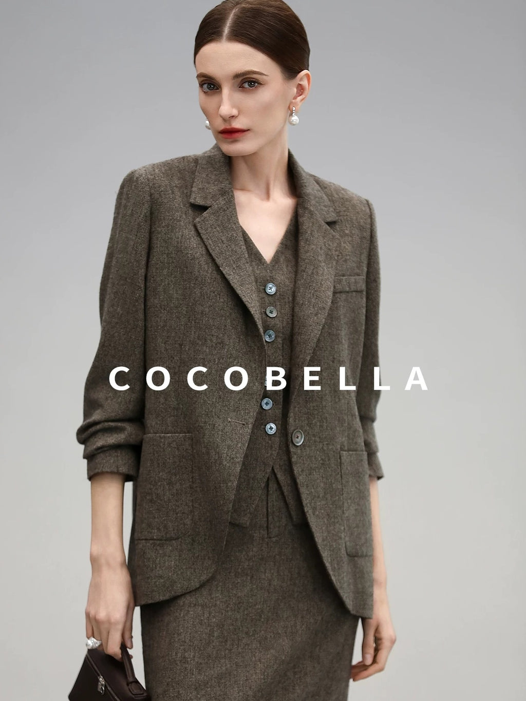 COCOBELLA Wool Blend Straight Fit Single Button Notch Lapel Women Office Brown Blazers