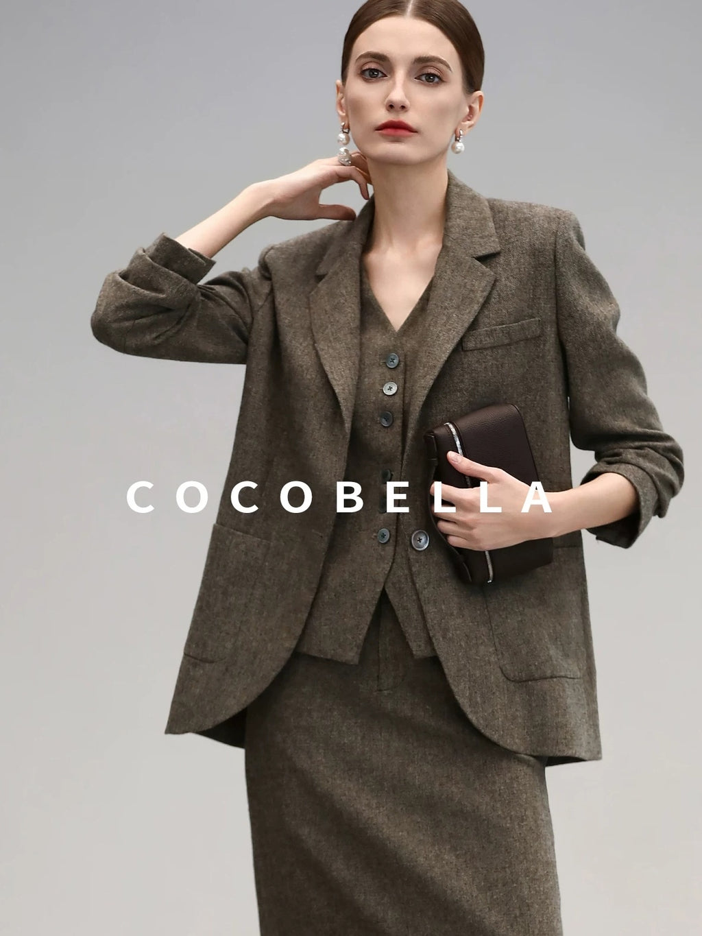 COCOBELLA Wool Blend Straight Fit Single Button Notch Lapel Women Office Brown Blazers