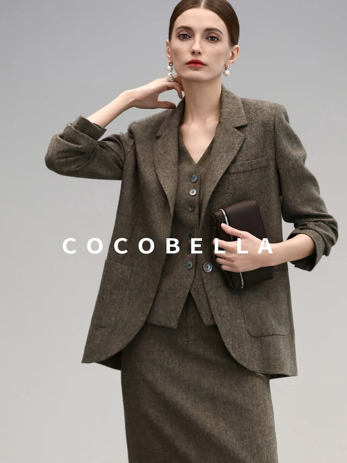 COCOBELLA Wool Blend Straight Fit Single Button Notch Lapel Women Office Brown Blazers