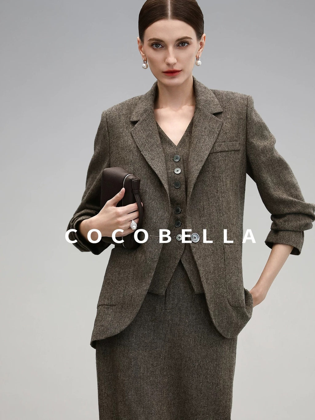 COCOBELLA Wool Blend Straight Fit Single Button Notch Lapel Women Office Brown Blazers