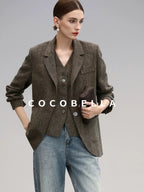 COCOBELLA Wool Blend Straight Fit Single Button Notch Lapel Women Office Brown Blazers