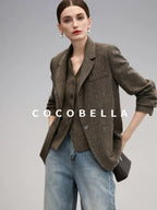 COCOBELLA Wool Blend Straight Fit Single Button Notch Lapel Women Office Brown Blazers