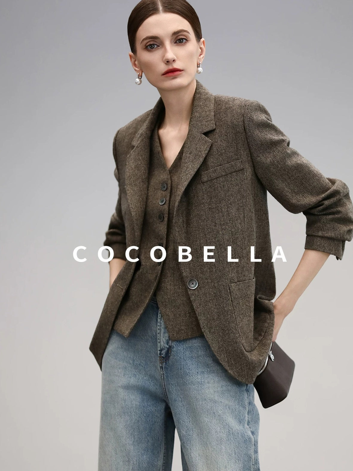 COCOBELLA Wool Blend Straight Fit Single Button Notch Lapel Women Office Brown Blazers