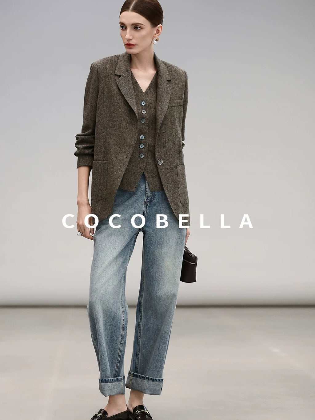 COCOBELLA Wool Blend Straight Fit Single Button Notch Lapel Women Office Brown Blazers
