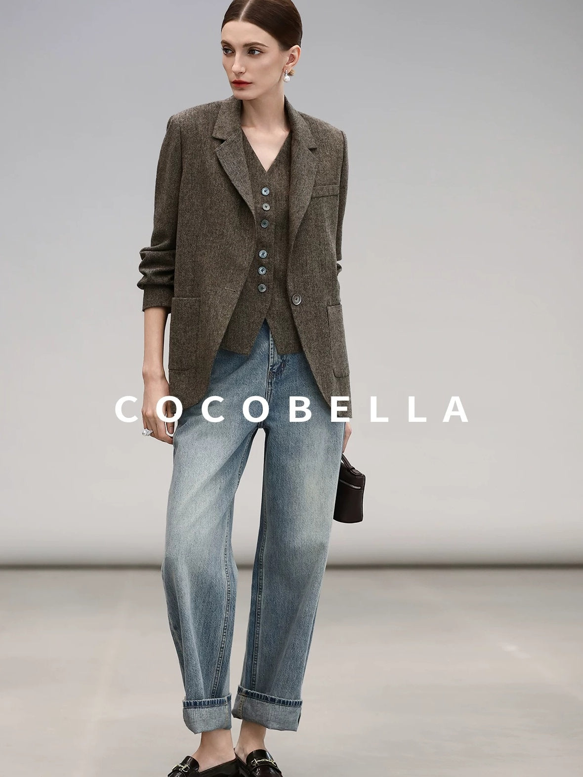 COCOBELLA Wool Blend Straight Fit Single Button Notch Lapel Women Office Brown Blazers
