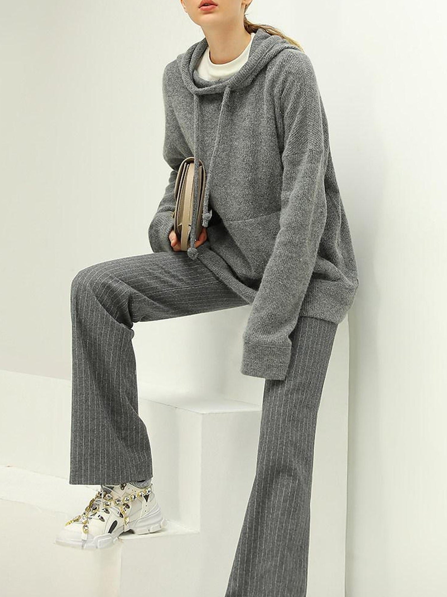 COCOBELLA Wool Blend Striped Natural Waist Straight Leg Casual Women Grey Pants