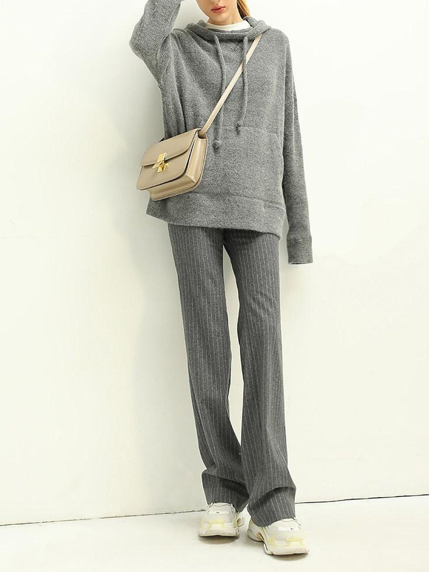 COCOBELLA Wool Blend Striped Natural Waist Straight Leg Casual Women Grey Pants