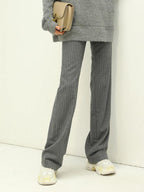 COCOBELLA Wool Blend Striped Natural Waist Straight Leg Casual Women Grey Pants