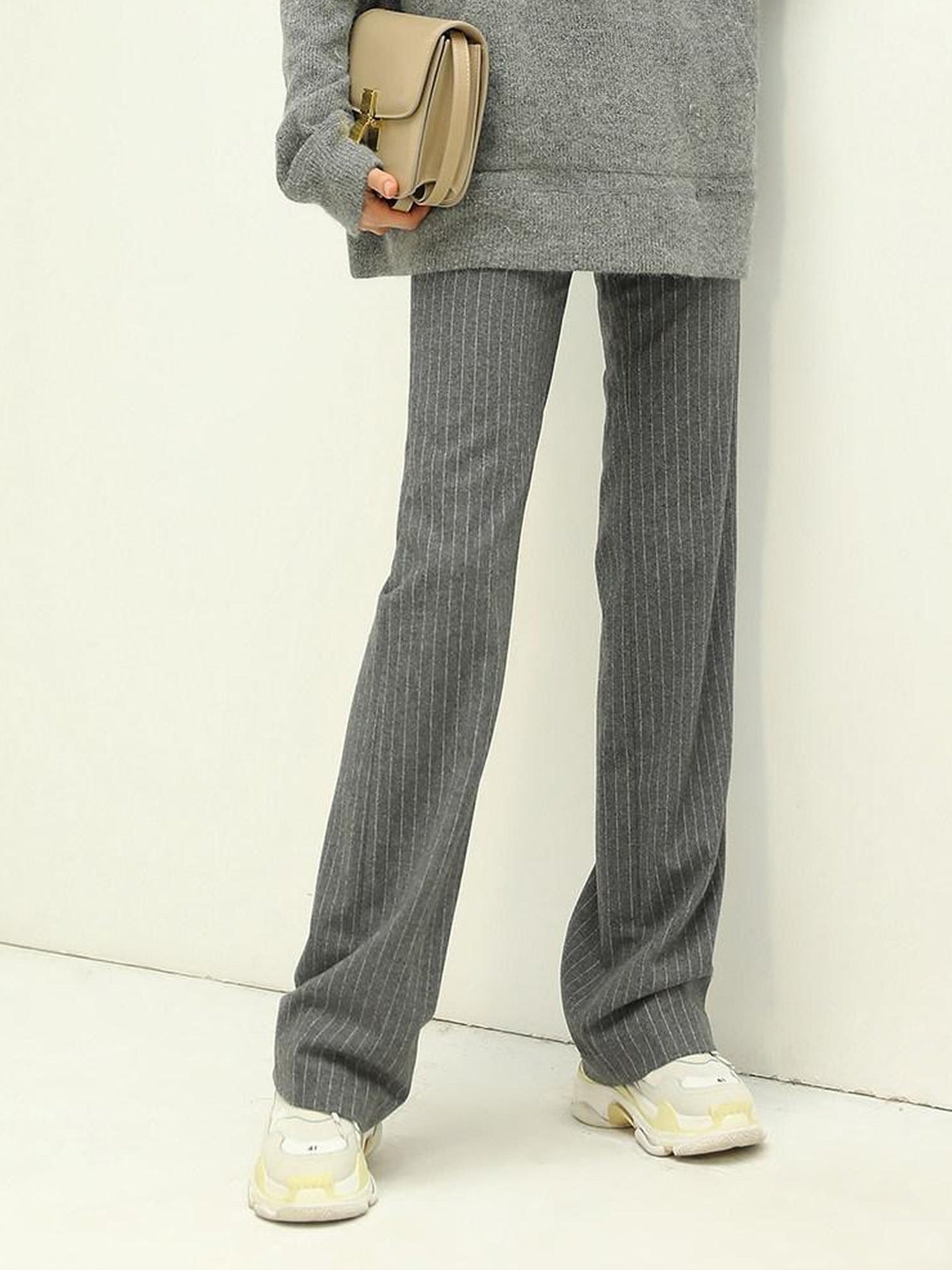 COCOBELLA Wool Blend Striped Natural Waist Straight Leg Casual Women Grey Pants