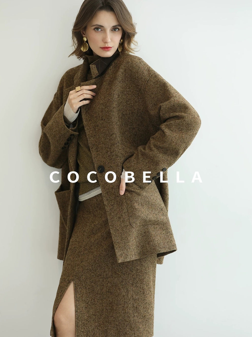 COCOBELLA Wool Blend Tailored Mid Rise Midi Straight H Line Front Slit Office Women Skirts