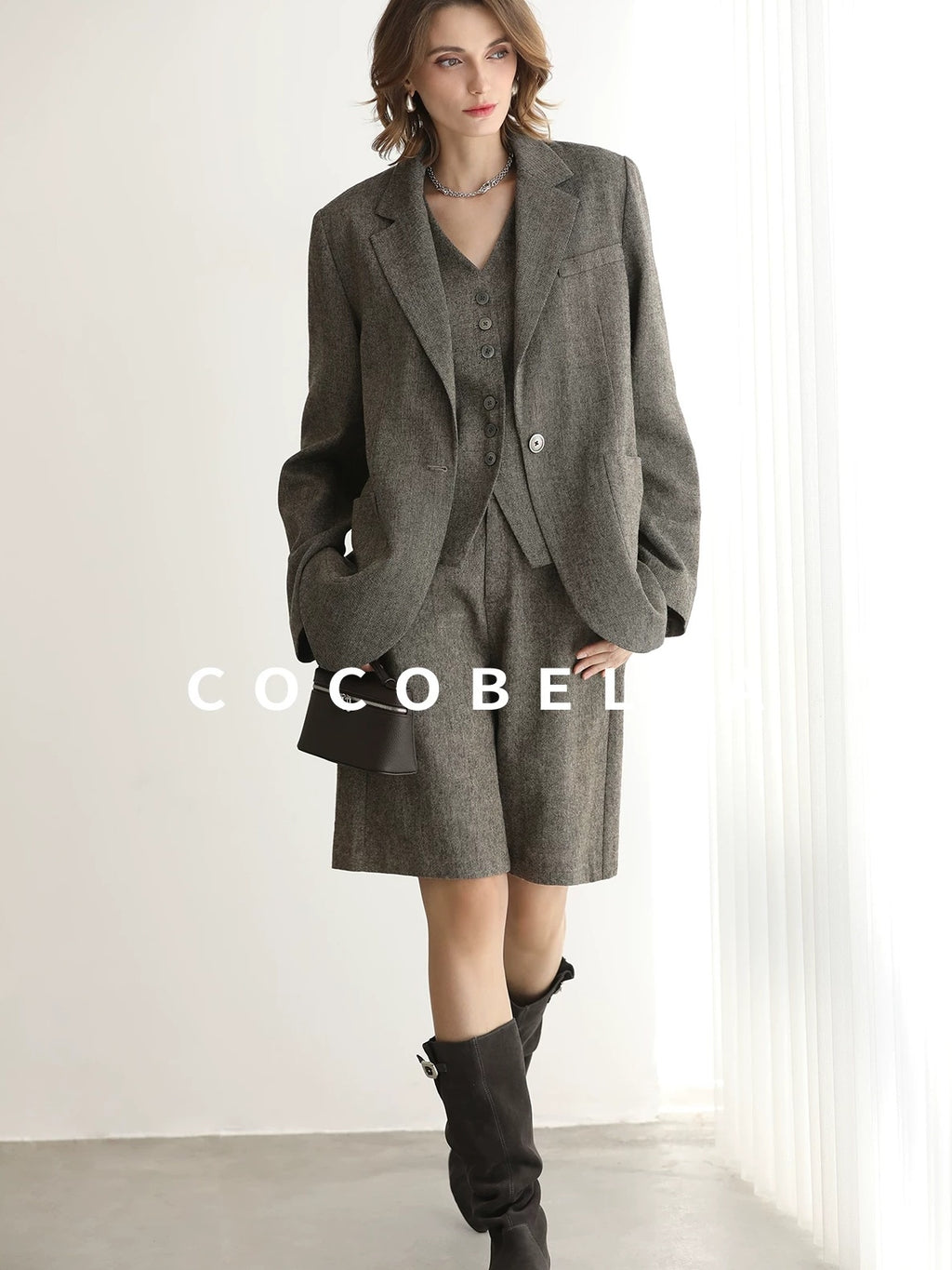 COCOBELLA Wool Blend V Neck Single Breasted Tailored Office Commuter Blazer Vest