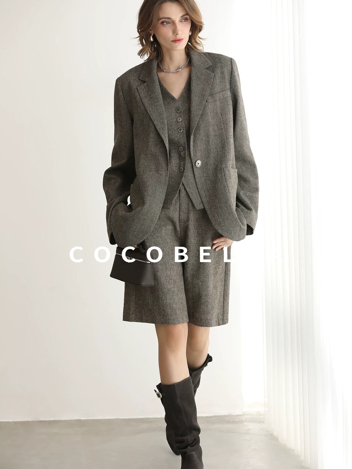 COCOBELLA Wool Blend V Neck Single Breasted Tailored Office Commuter Blazer Vest