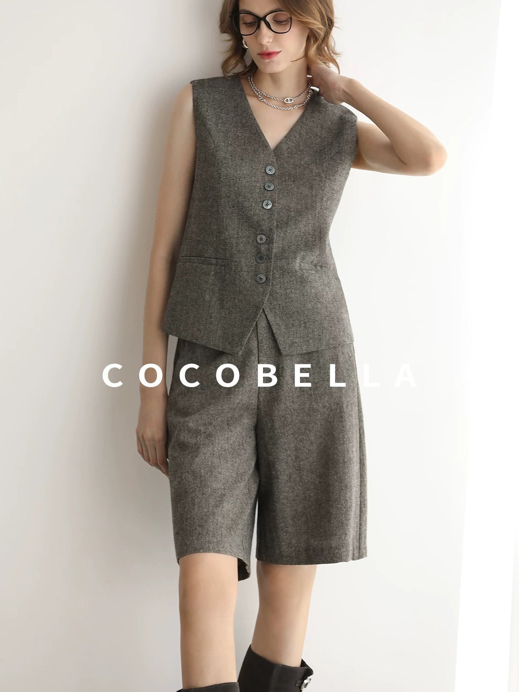 COCOBELLA Wool Blend V Neck Single Breasted Tailored Office Commuter Blazer Vest
