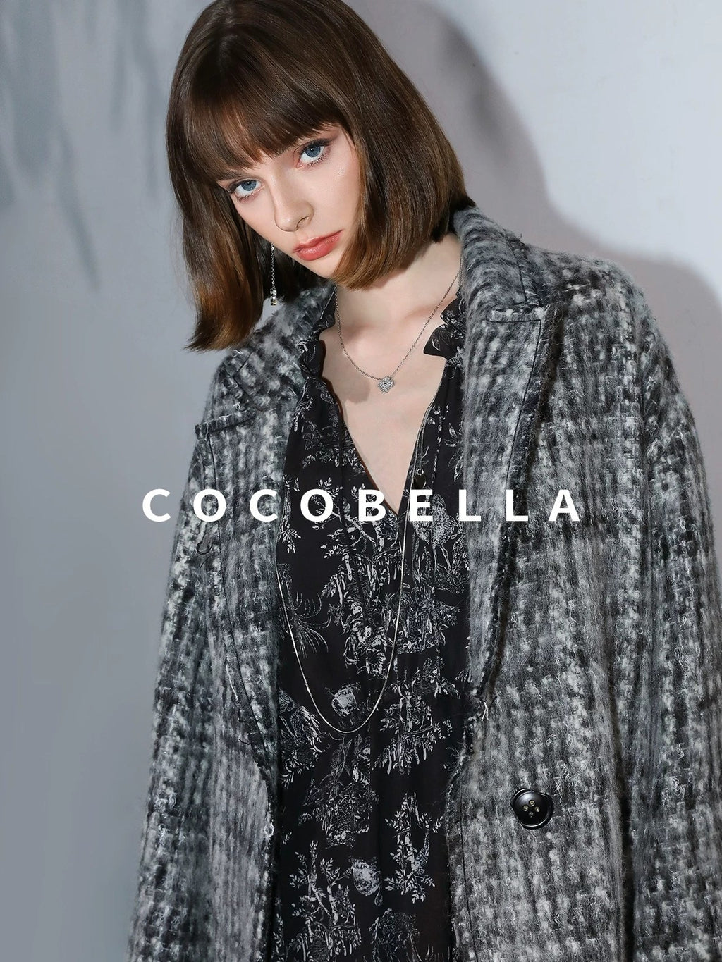 COCOBELLA Wool Blend Vintage Commuter Straight Cut Checked Blazer Collar Overcoat Jackets