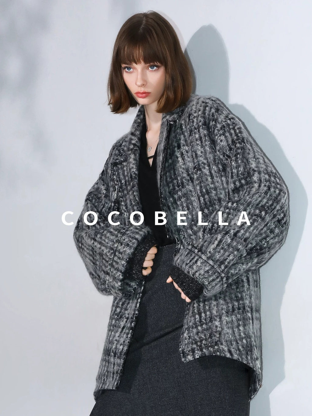 COCOBELLA Wool Blend Vintage Commuter Straight Cut Checked Blazer Collar Overcoat Jackets