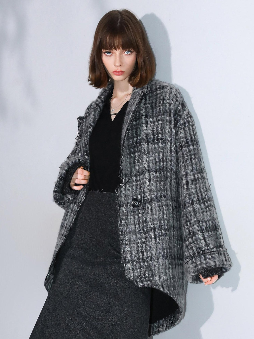 COCOBELLA Wool Blend Vintage Commuter Straight Cut Checked Blazer Collar Overcoat Jackets