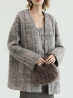COCOBELLA Wool Blend Vintage Straight Mid Length Women Single Breasted Plaid Coats