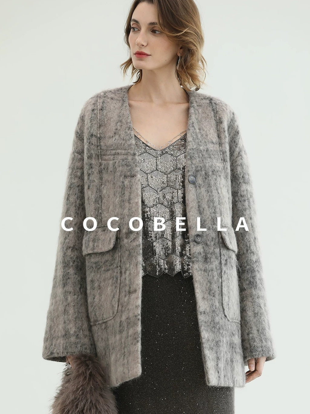 COCOBELLA Wool Blend Vintage Straight Mid Length Women Single Breasted Plaid Coats