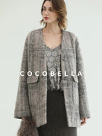 COCOBELLA Wool Blend Vintage Straight Mid Length Women Single Breasted Plaid Coats