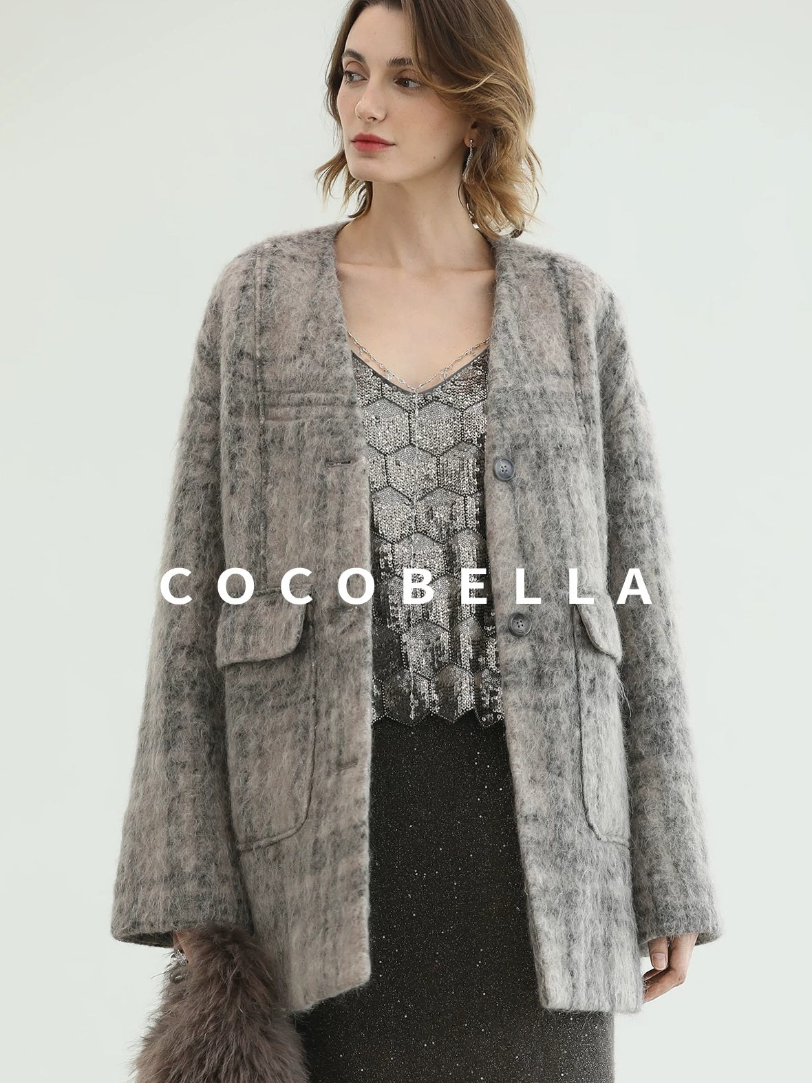 COCOBELLA Wool Blend Vintage Straight Mid Length Women Single Breasted Plaid Coats
