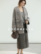 COCOBELLA Wool Blend Vintage Straight Mid Length Women Single Breasted Plaid Coats