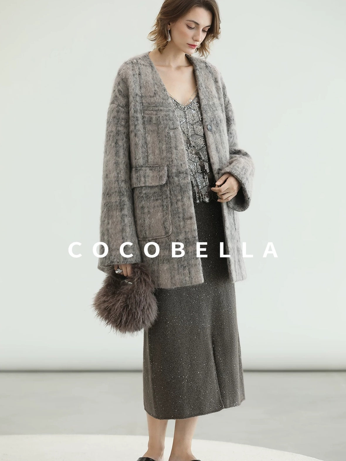 COCOBELLA Wool Blend Vintage Straight Mid Length Women Single Breasted Plaid Coats