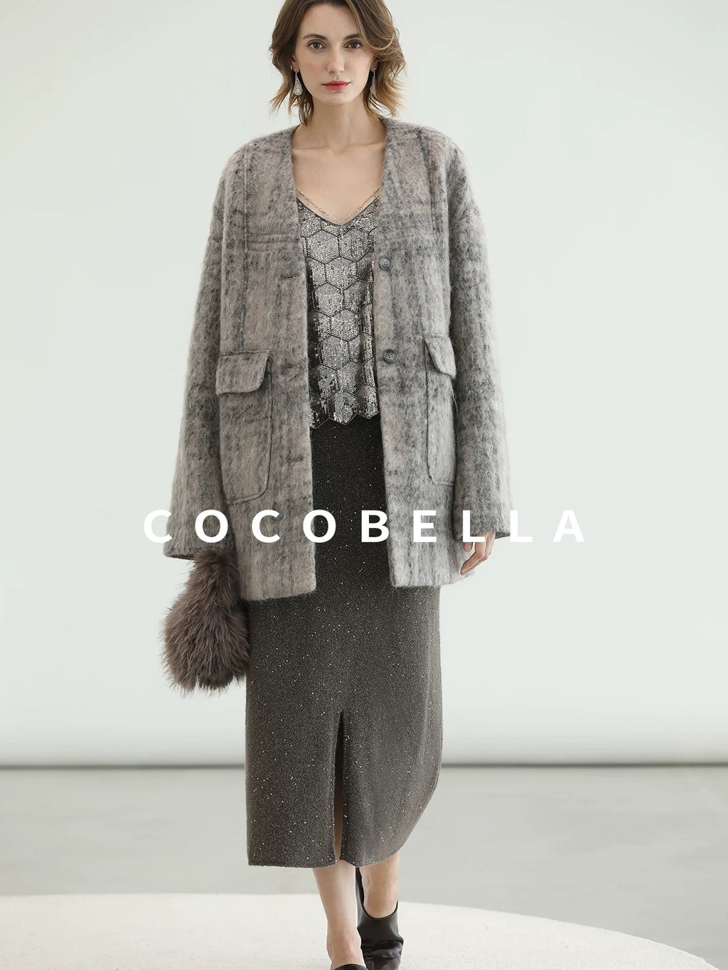 COCOBELLA Wool Blend Vintage Straight Mid Length Women Single Breasted Plaid Coats