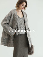 COCOBELLA Wool Blend Vintage Straight Mid Length Women Single Breasted Plaid Coats