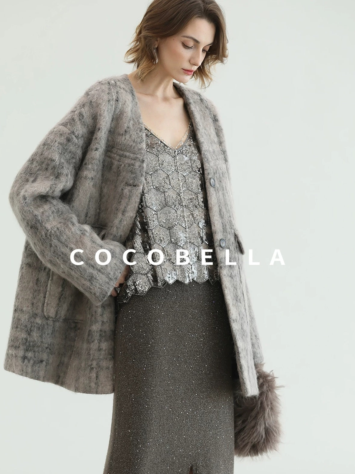 COCOBELLA Wool Blend Vintage Straight Mid Length Women Single Breasted Plaid Coats