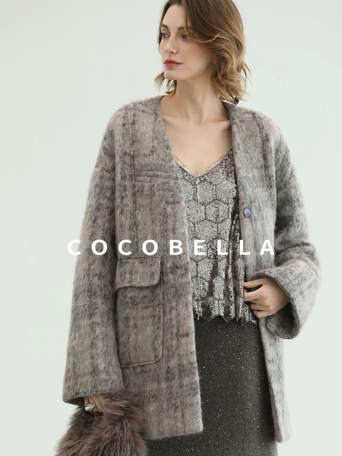 COCOBELLA Wool Blend Vintage Straight Mid Length Women Single Breasted Plaid Coats