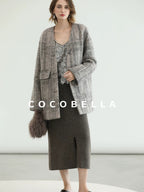 COCOBELLA Wool Blend Vintage Straight Mid Length Women Single Breasted Plaid Coats
