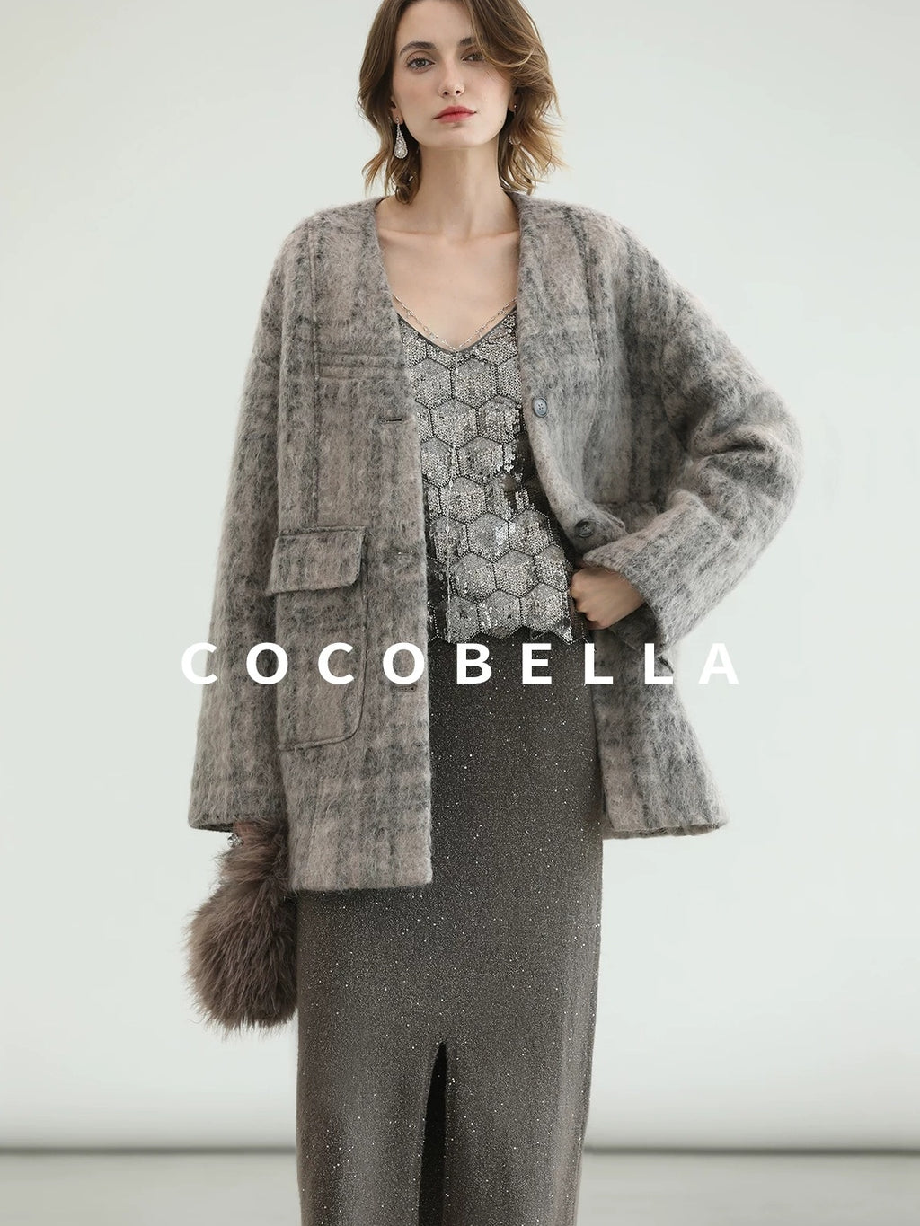 COCOBELLA Wool Blend Vintage Straight Mid Length Women Single Breasted Plaid Coats