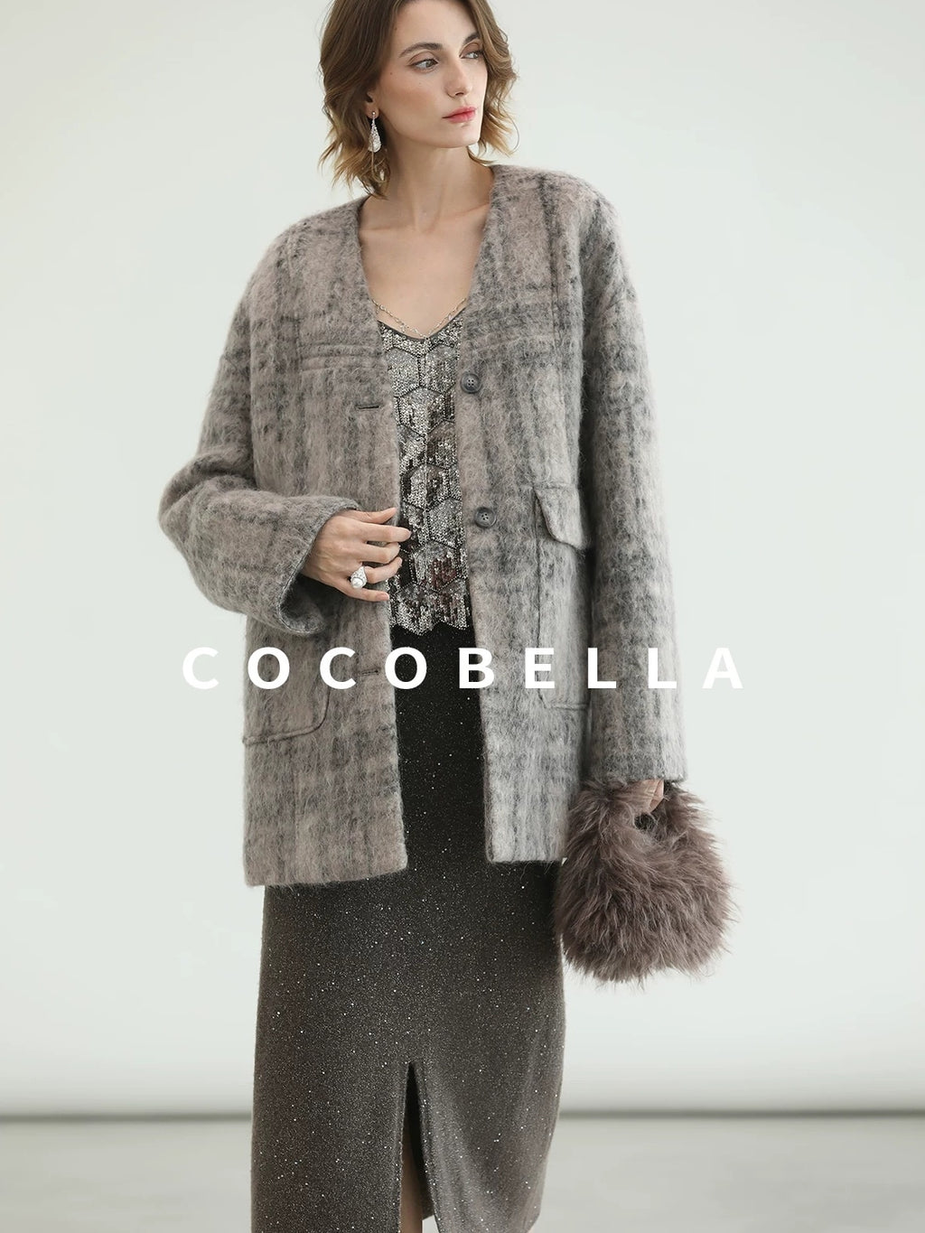 COCOBELLA Wool Blend Vintage Straight Mid Length Women Single Breasted Plaid Coats