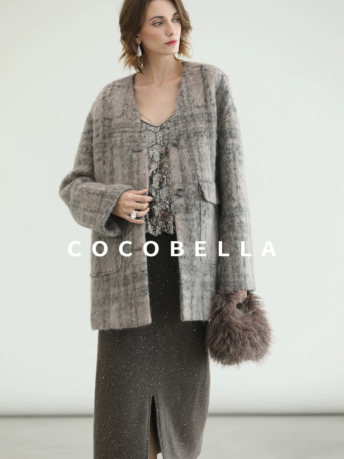 COCOBELLA Wool Blend Vintage Straight Mid Length Women Single Breasted Plaid Coats