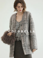 COCOBELLA Wool Blend Vintage Straight Mid Length Women Single Breasted Plaid Coats