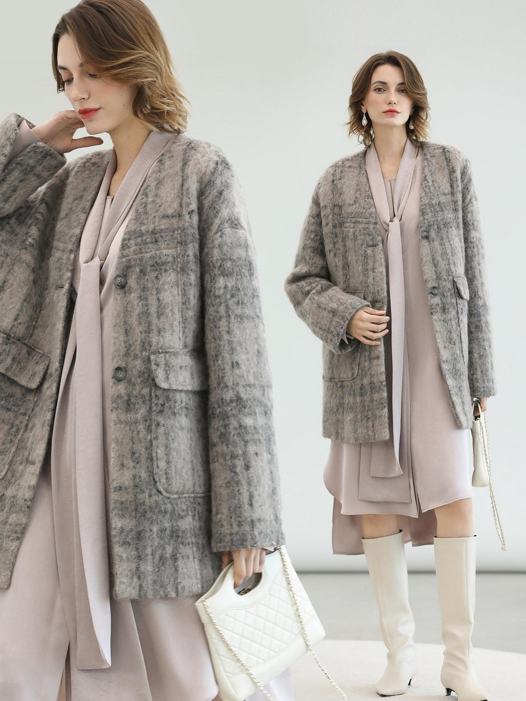 COCOBELLA Wool Blend Vintage Straight Mid Length Women Single Breasted Plaid Coats